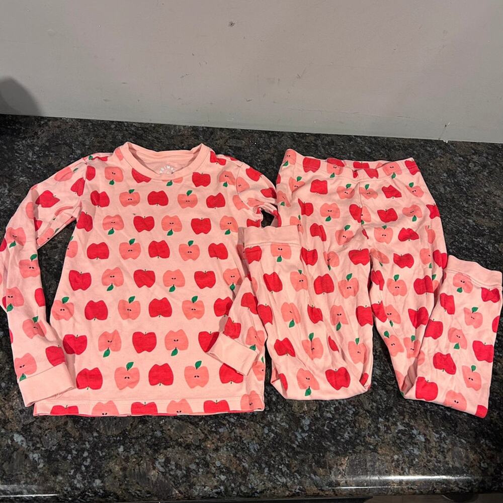 Primary Girls Pajama Set Pink Apples Organic Cotton Sz 10 EUC